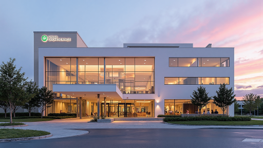 Modern glass repair company office building exterior with professional signage and parking area